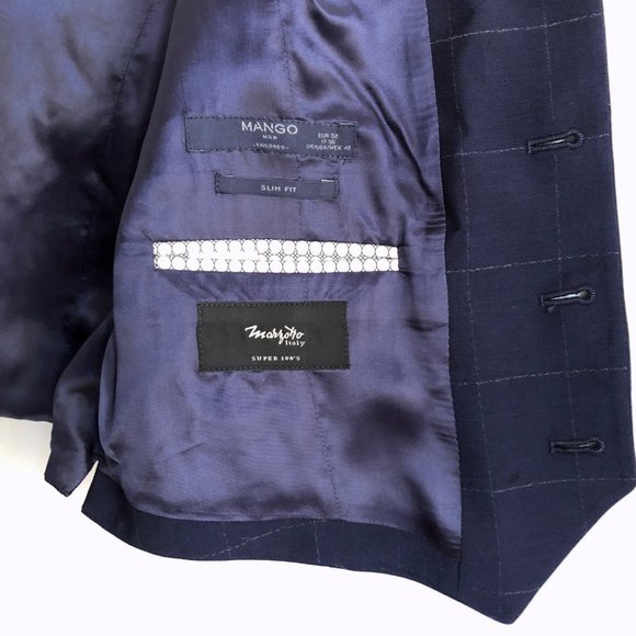 MANGO Mens Suit Vest Blue Windowpane Check Wool 42 - Picture 13 of 15